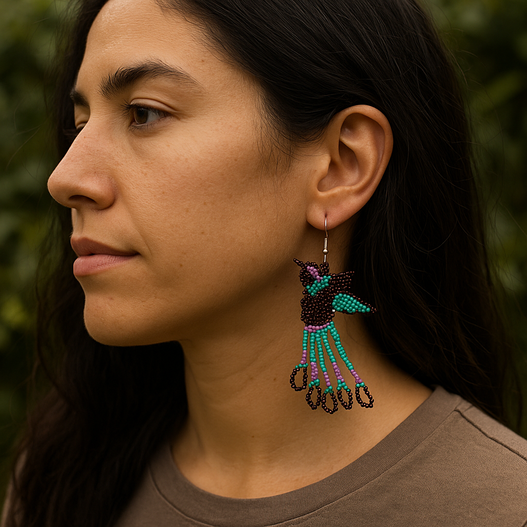 Handmade Beaded Hummingbird Earrings โ Turquoise & Purple