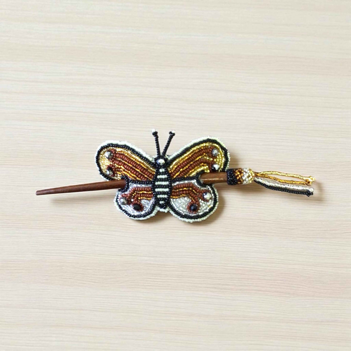 White black Handmade Beaded Butterfly Barrete