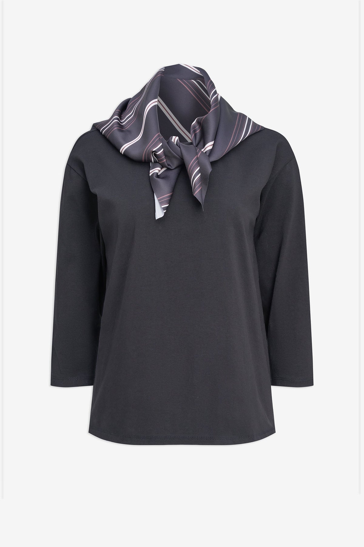 Women's Crew-Neck Top, 3/4 Sleeves & Removable Printed Satin Scarf