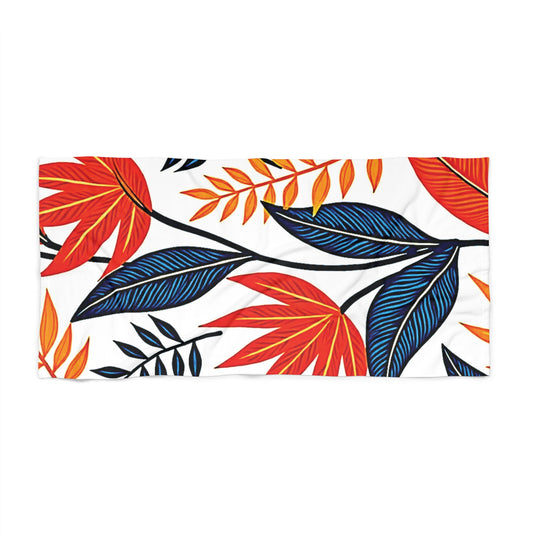 Tropical Leaves Beach Towel – Bold Red & Blue Floral Print