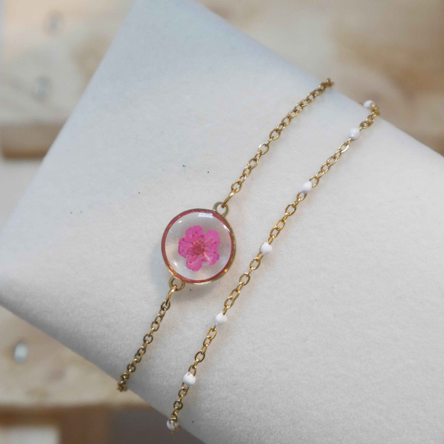 Bracelet Sofia double - fuschia et chaine blanche