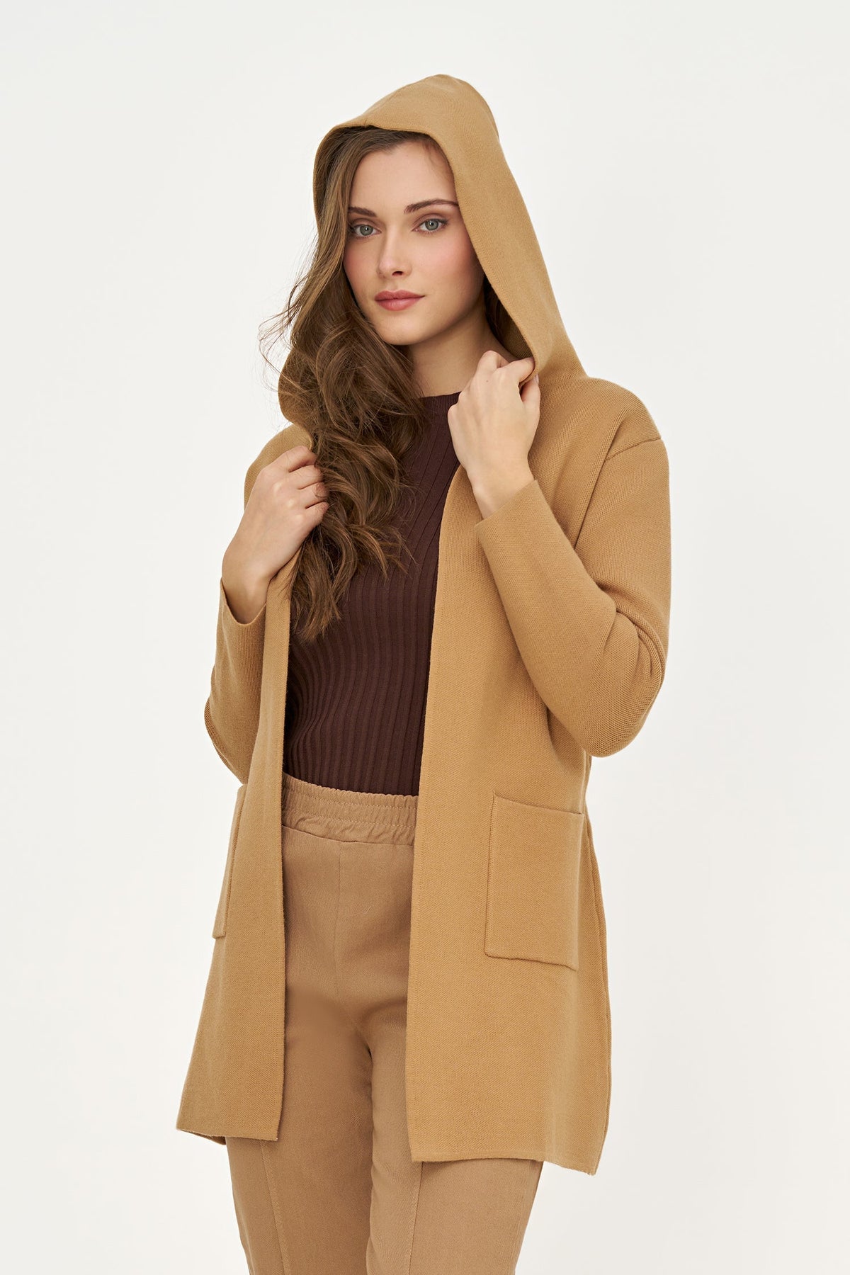 Women's Hooded Cardigan, Long Sleeves, Patch Pockets & Removable Belt