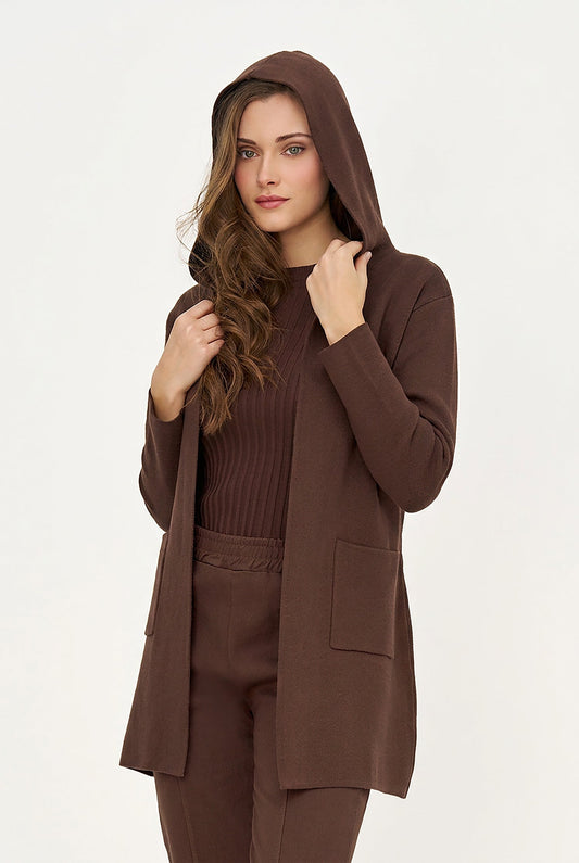 Women's Hooded Cardigan, Long Sleeves, Patch Pockets & Removable Belt