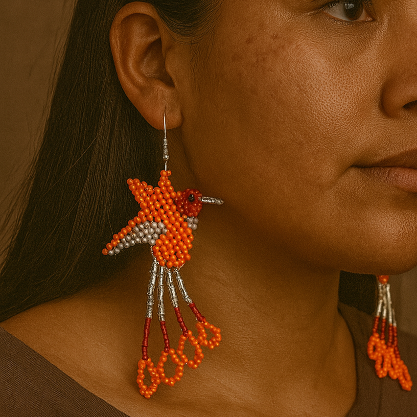 Handmade Beaded Hummingbird Earrings โ Orange & Red