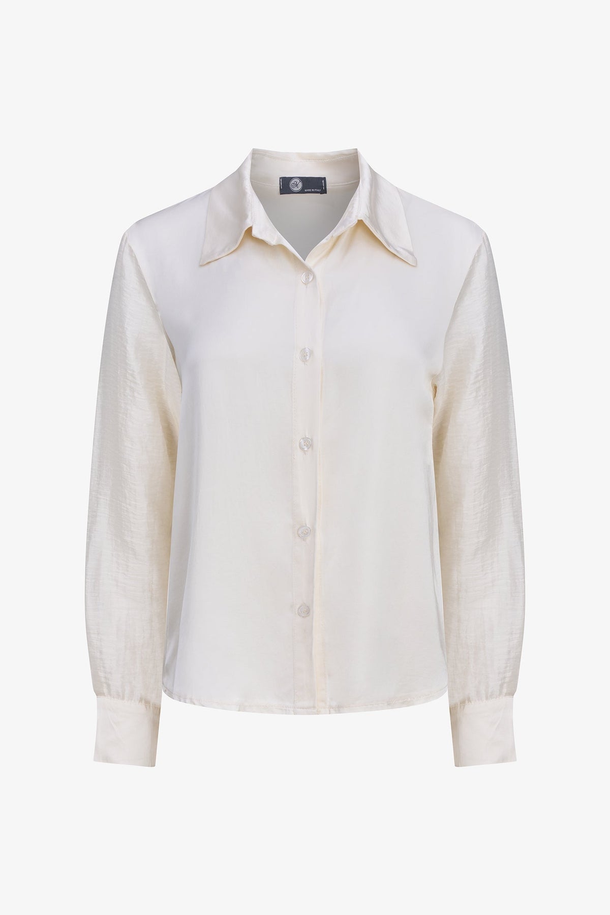 Women's Button-Down Shirt with Satin Body & Semi-Sheer Sleeves