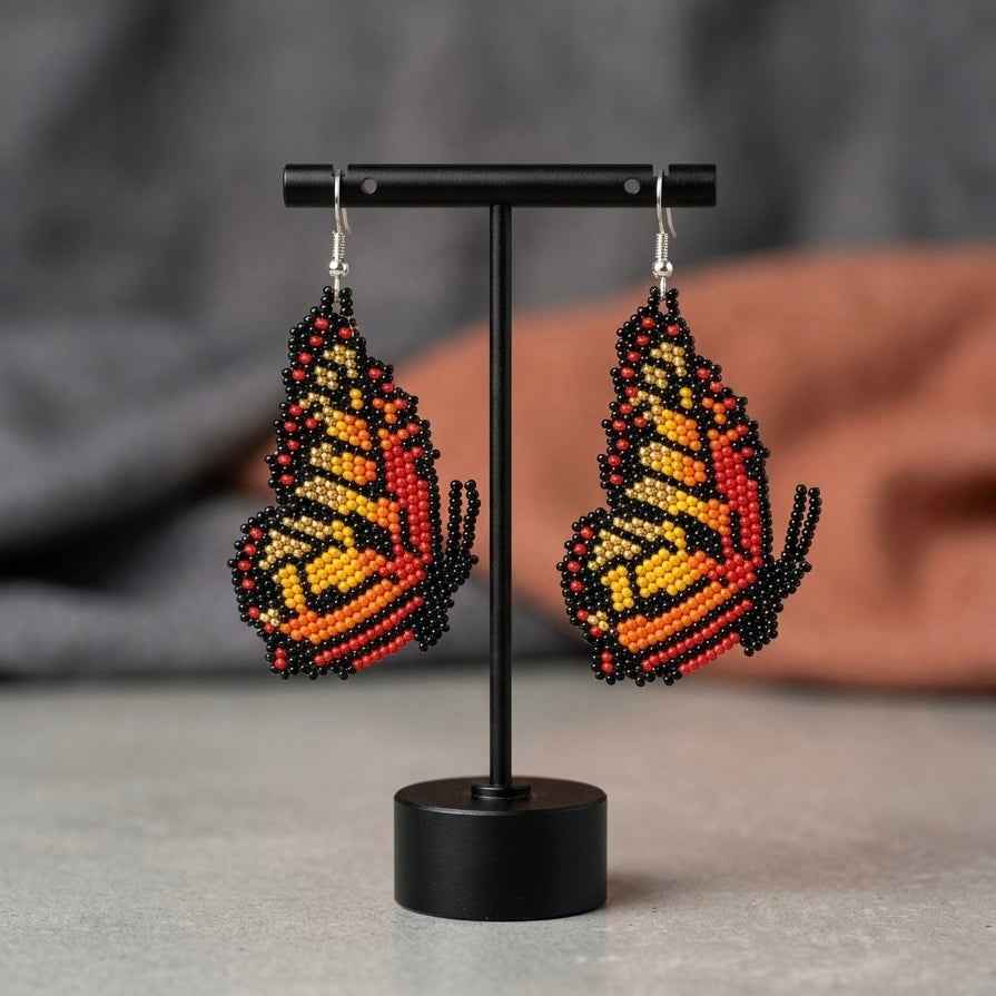 Brown Beaded Butterfly Wing Earrings