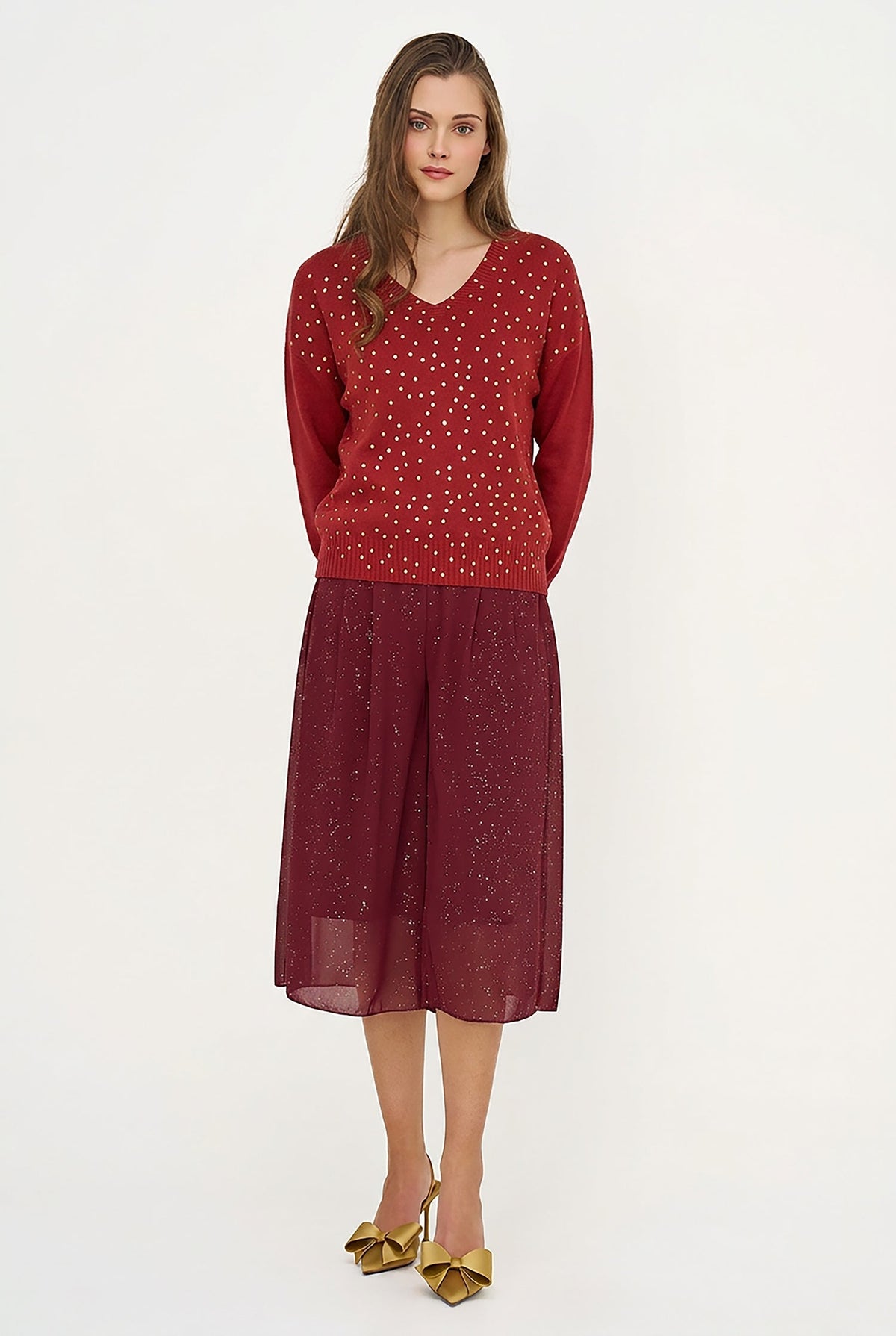 Women's Foil Polka-Dot Knit V-Neck Sweater with Long Sleeves