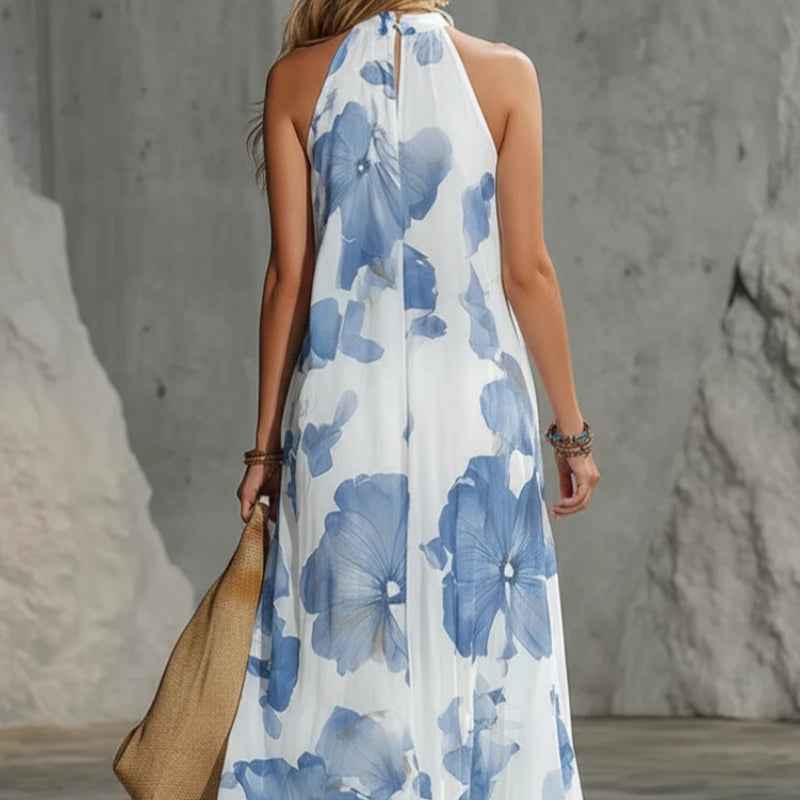 Vintage-Inspired Holiday Maxi Dress – Women's Blue Chiffon Oversized Print Dress