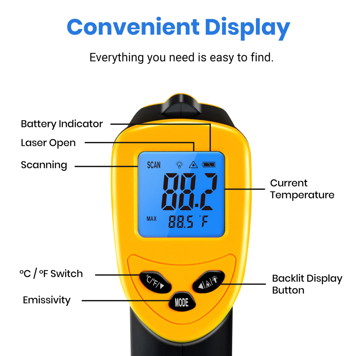 Etekcity Lasergrip 1080 Laser Thermometer Digital Infrared Thermometer Temperature Gun for Kitchen Cooking BBQ Grill and Bath Water, -58℉~1130℉ (-50℃~610℃), Yellow and Black 🍁 All In One Marketplace Canada