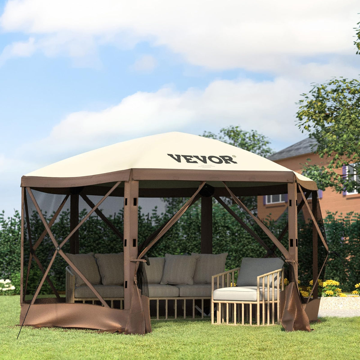 VEVOR Camping Gazebo Tent, 12'x12', 6 Sided Pop-up Canopy Screen Tent for 8 Person Camping, IPX3 Water-Resistant Screen Shelter w/Portable Storage Bag, Ground Stakes, Mesh Windows, Brown & Beige 🍁 All In One Marketplace Canada