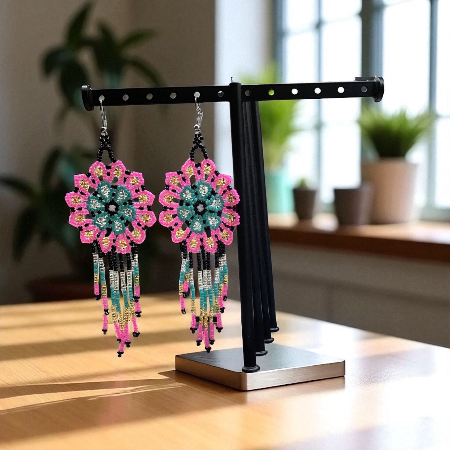 Pink Green Flower beaded Earrings