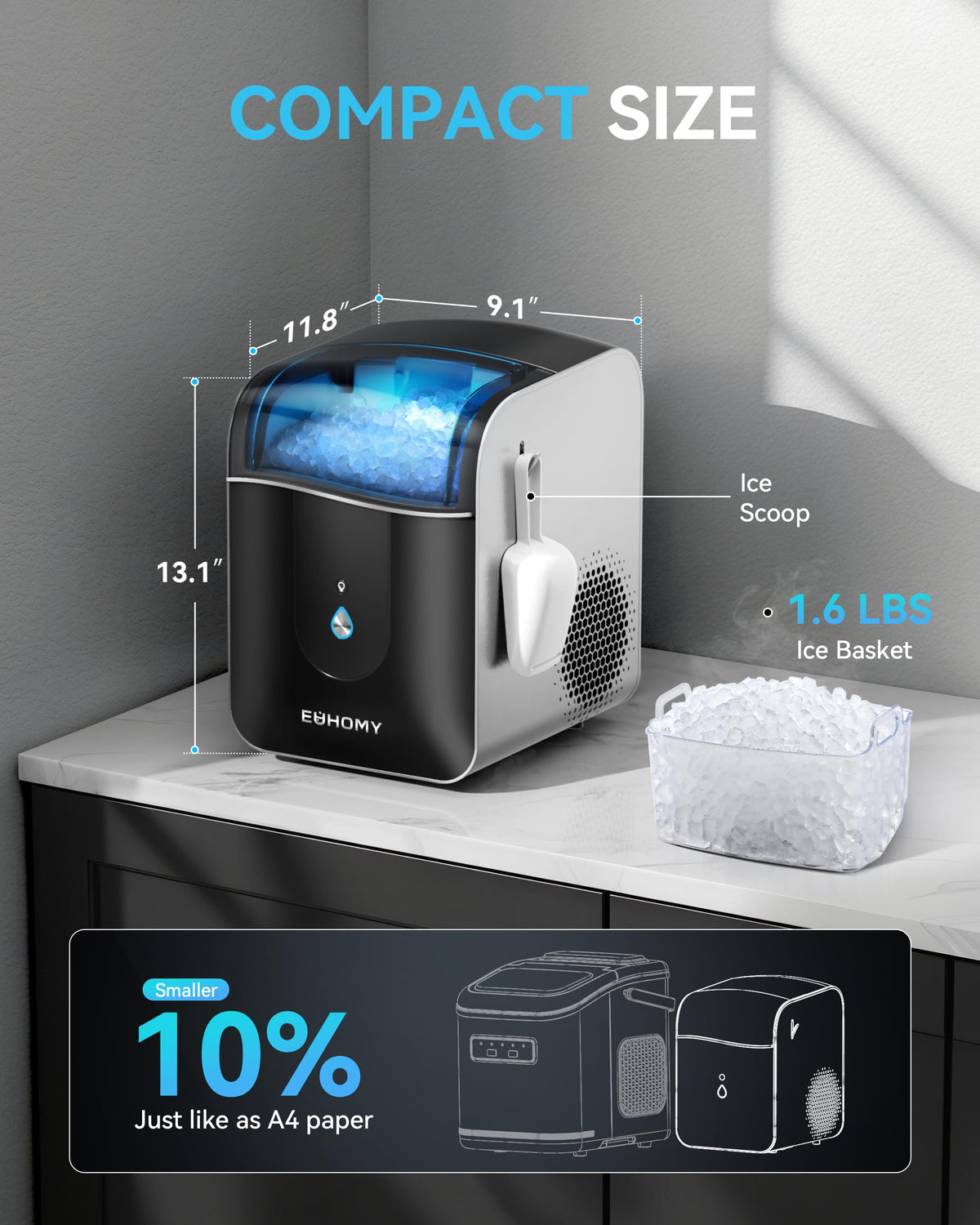 EUHOMY Smart Nugget Ice Maker Countertop, 40lbs/24H Sonic Ice Machine with APP Control, Ready in 8 Mins, Self-Cleaning Pebble Ice Machine for Home/Kitchen/Office