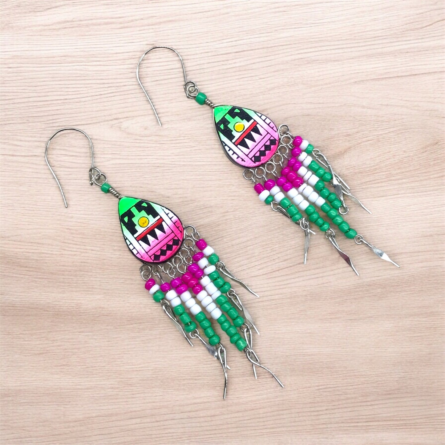 OldTribes™ Small Sized Southwestern Pink and Green Teardrop Earrings