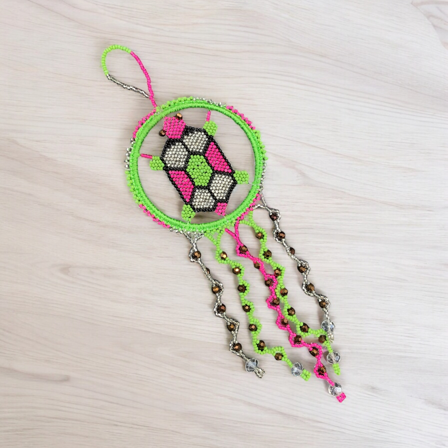 Green and Pink Beaded Turtle Ornament