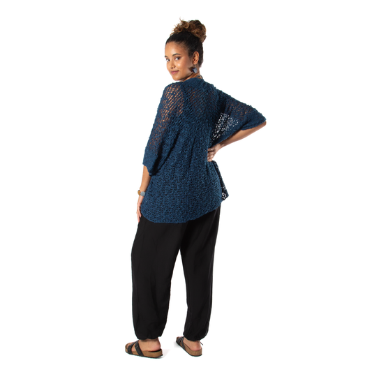 Popcorn Knit Short Sleeve Cardigan - Navy Blue