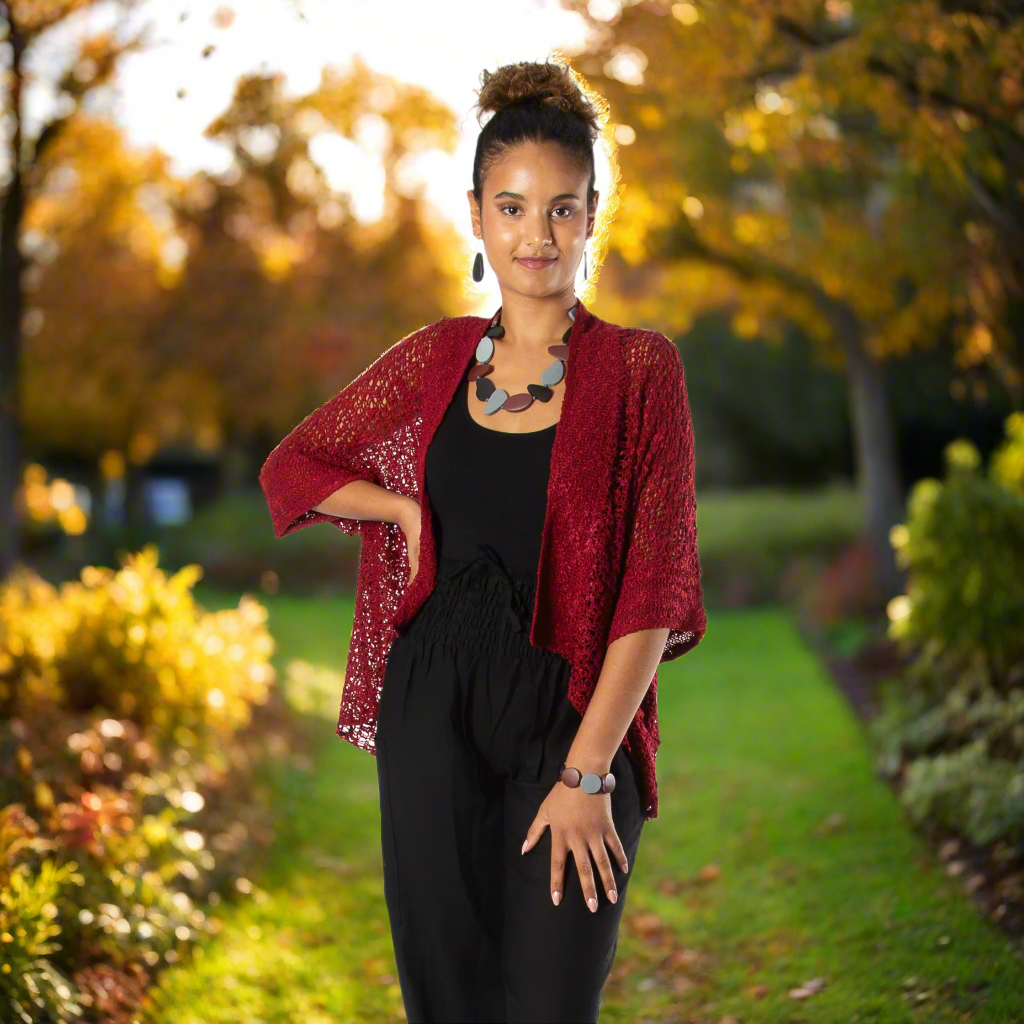 Popcorn Knit Short Sleeve Cardigan - Claret Red