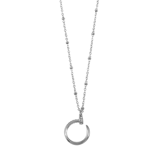CSENGE Silver (White Gold) Necklace: Zirconia Embedded Circular Nail Pendant on a Satellite Beaded Chain