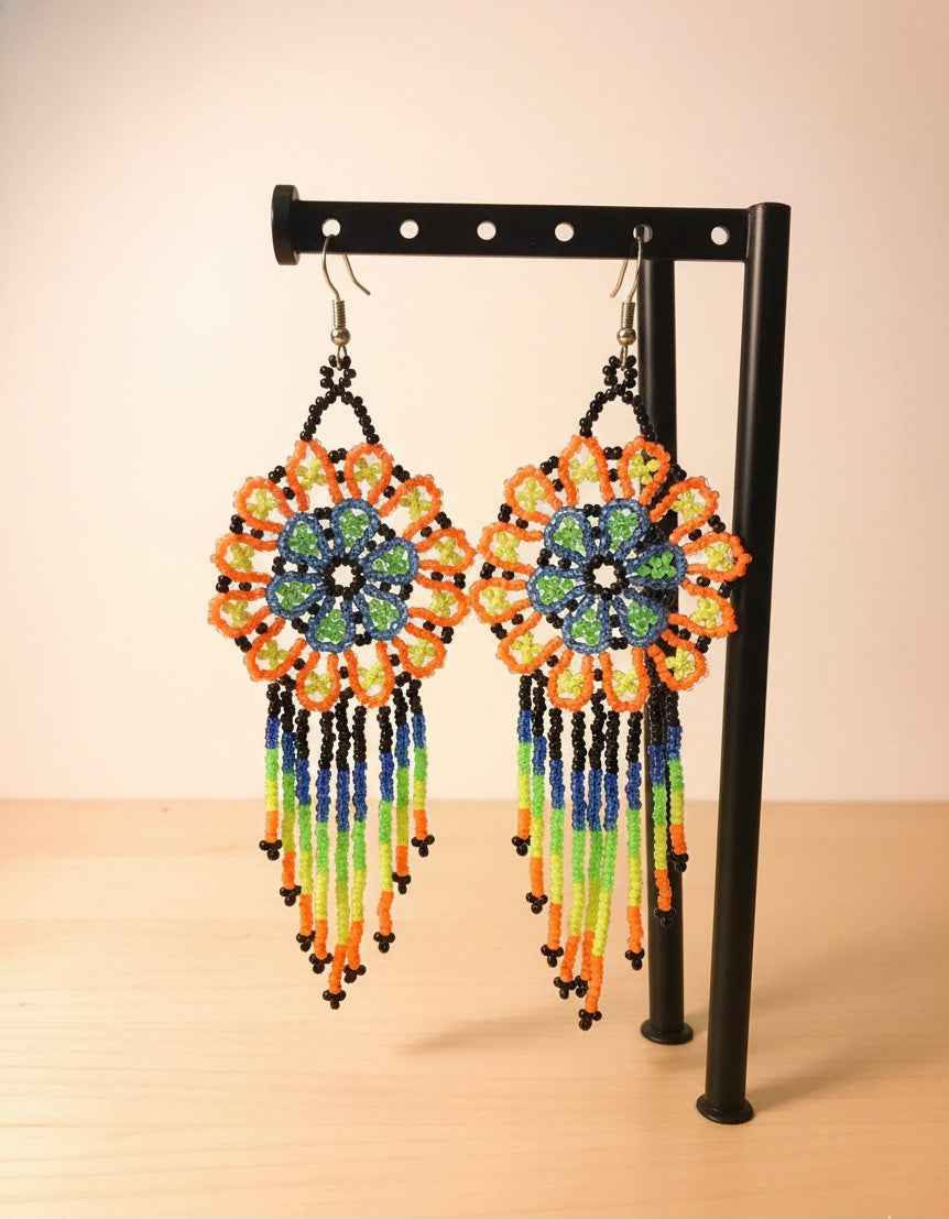 Orange and grey Flower beaded Earrings