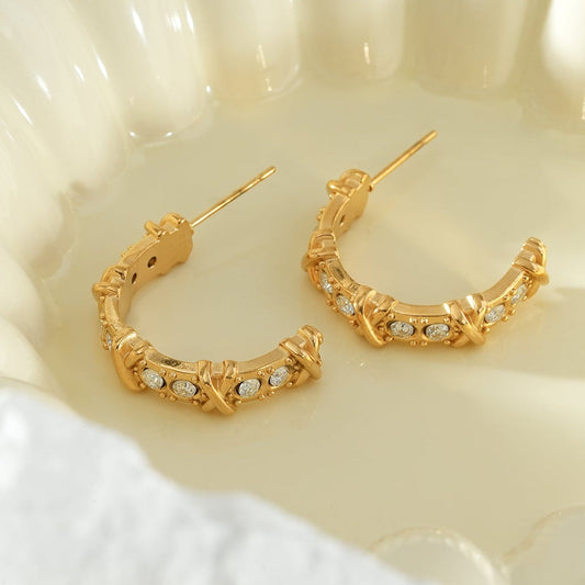 ELICA Gold: Zirconia Embedded Hoop Earrings with Ornate Detail & Crisscross Accents