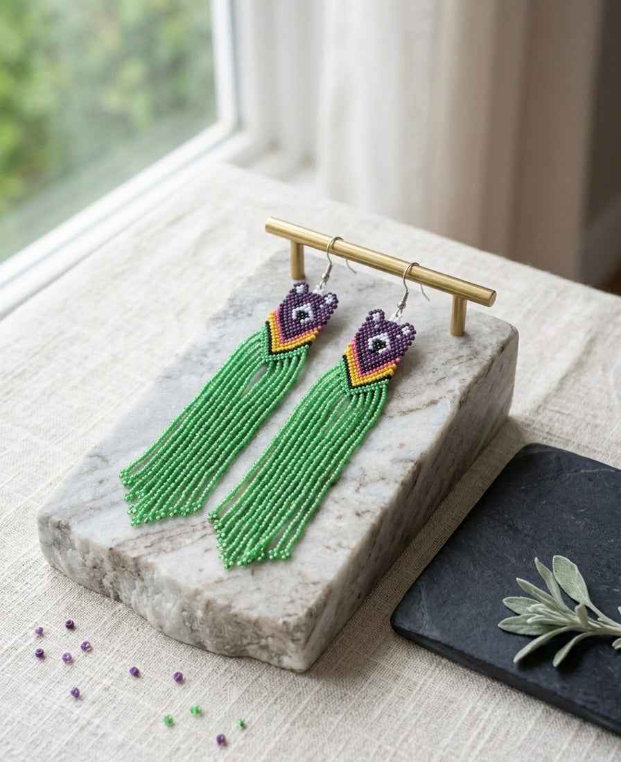 Green - Purple Native Bear Beaded Earrings