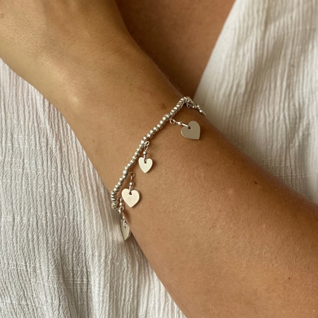 Silver Plate Elasticated Heart Charm Bracelet