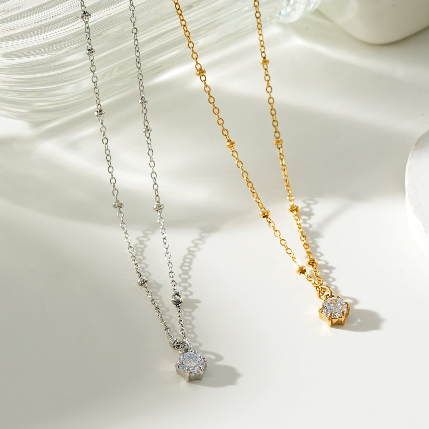 KADIRI Silver: Solitaire Zirconia Charm Pendant on a Beaded Chain Necklace