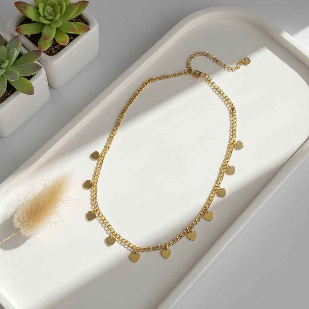 Multi Heart Charm Necklace - Gold Stainless Steel