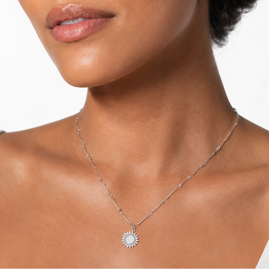 NOMIA Silver (White Gold): Radiant Sunburst Pendant Zirconia Chain Necklace