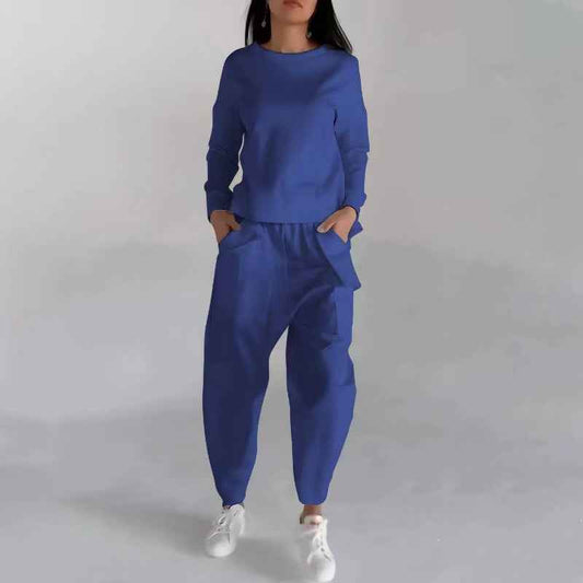 Fashion Women's Lounge Set – Solid Color Pullover Top and Wide Leg Trousers