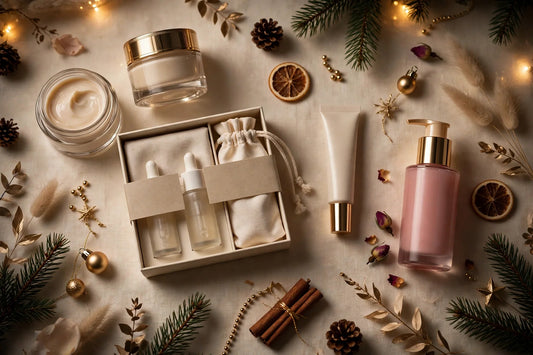 Flat-lay of self-care Christmas gifts — night cream jars, a skincare gift set, an eye cream tube and a rose body moisturiser on a warm cream background with pine sprigs and gold accents