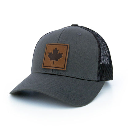 Maple Leaf Leather Patch Trucker Hat Square