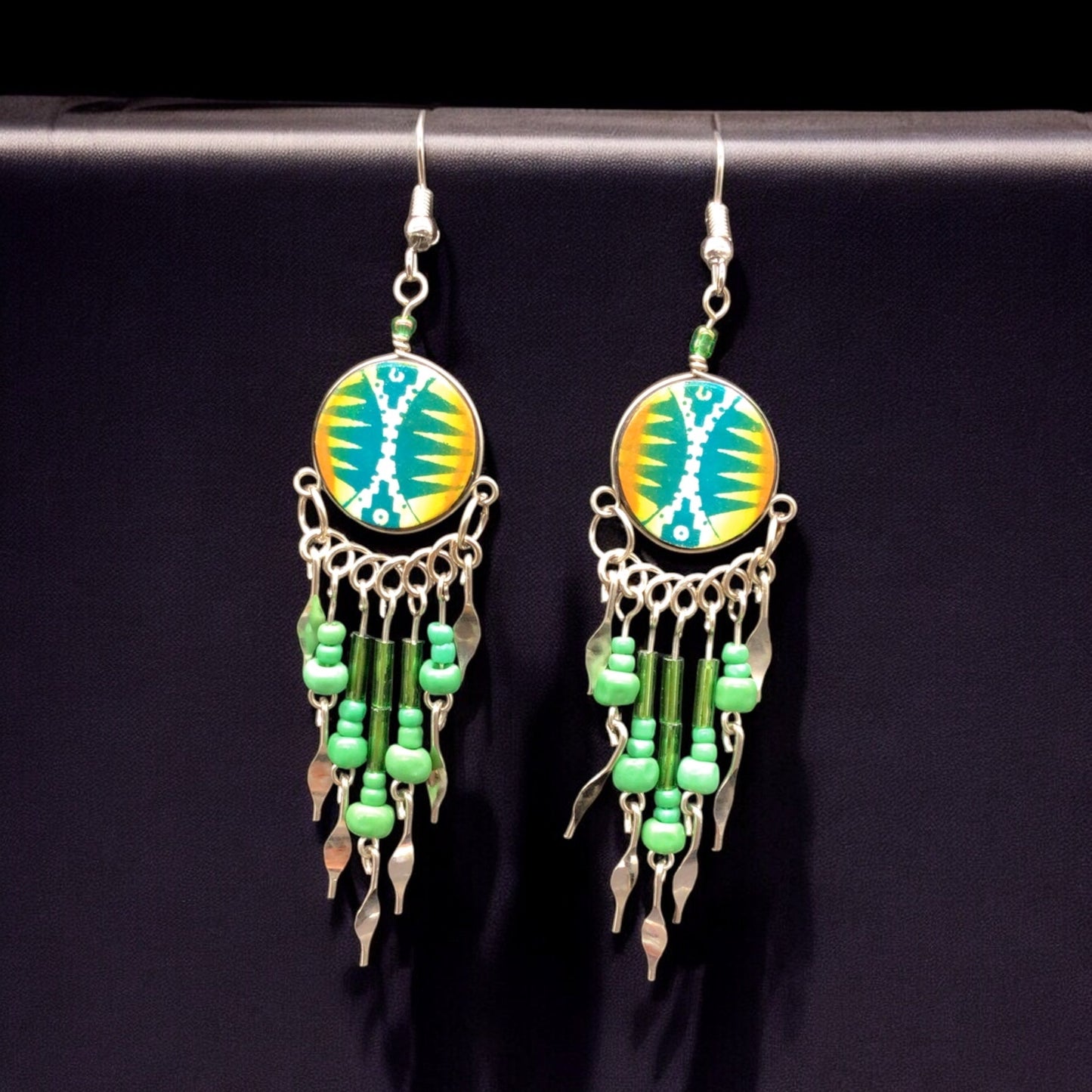 Green and Yellow Southwestern Round Shaped Dangle Earrings