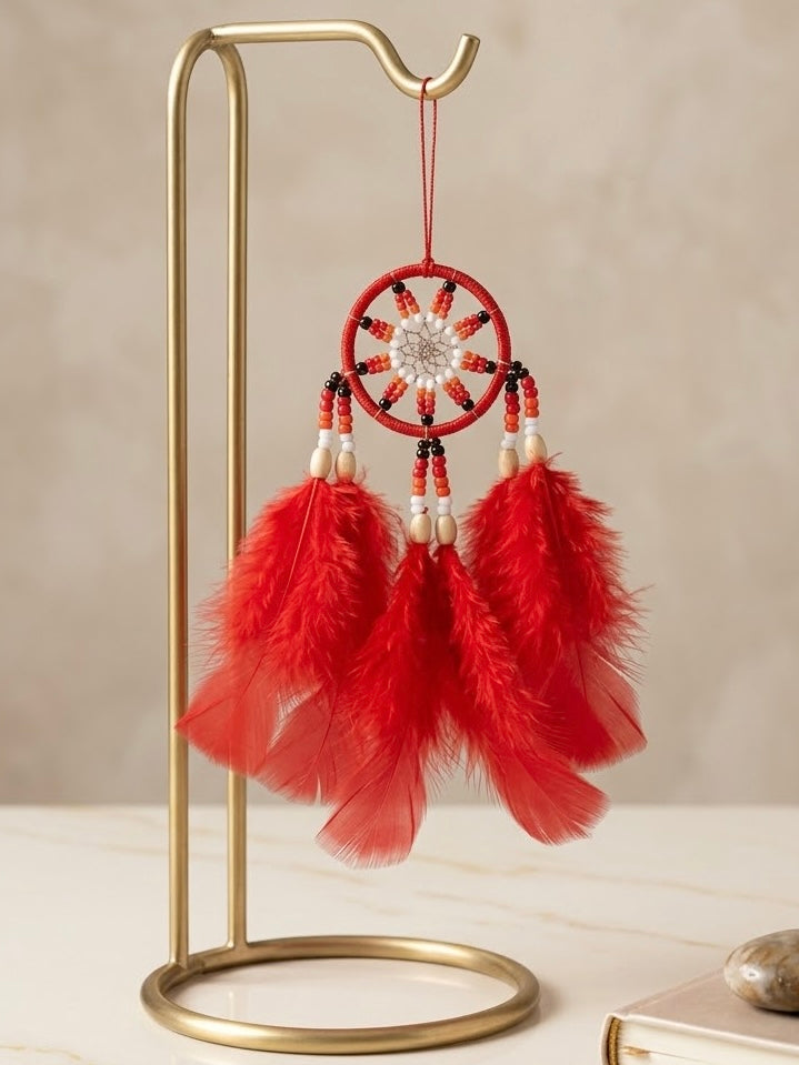 Small Handmade Red Dreamcatcher with Red Feathers