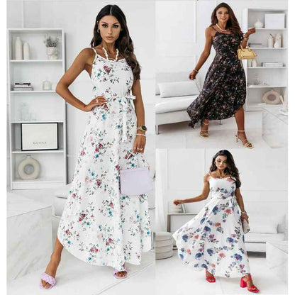 Women's Printed Suspender Belted Irregular Hem Dress