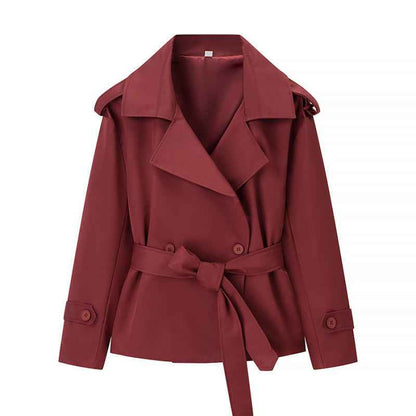 Women’s Solid Color Belted Short Trench Coat – European Style Cropped Jacket with Waist Tie