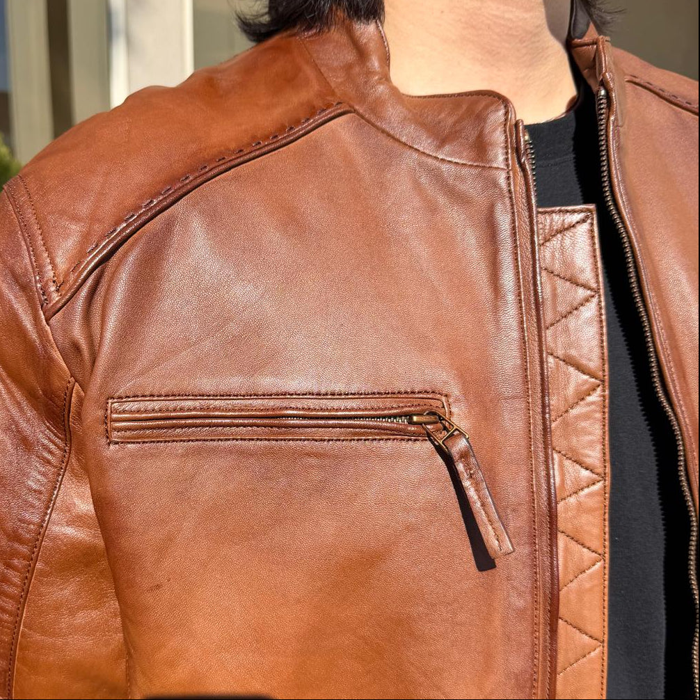 BOL Men's Racer Leather Jacket. Tan Sheep Oily Leather Moto Jacket