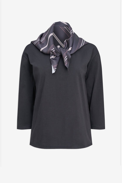 Women's Crew-Neck Top, 3/4 Sleeves & Removable Printed Satin Scarf