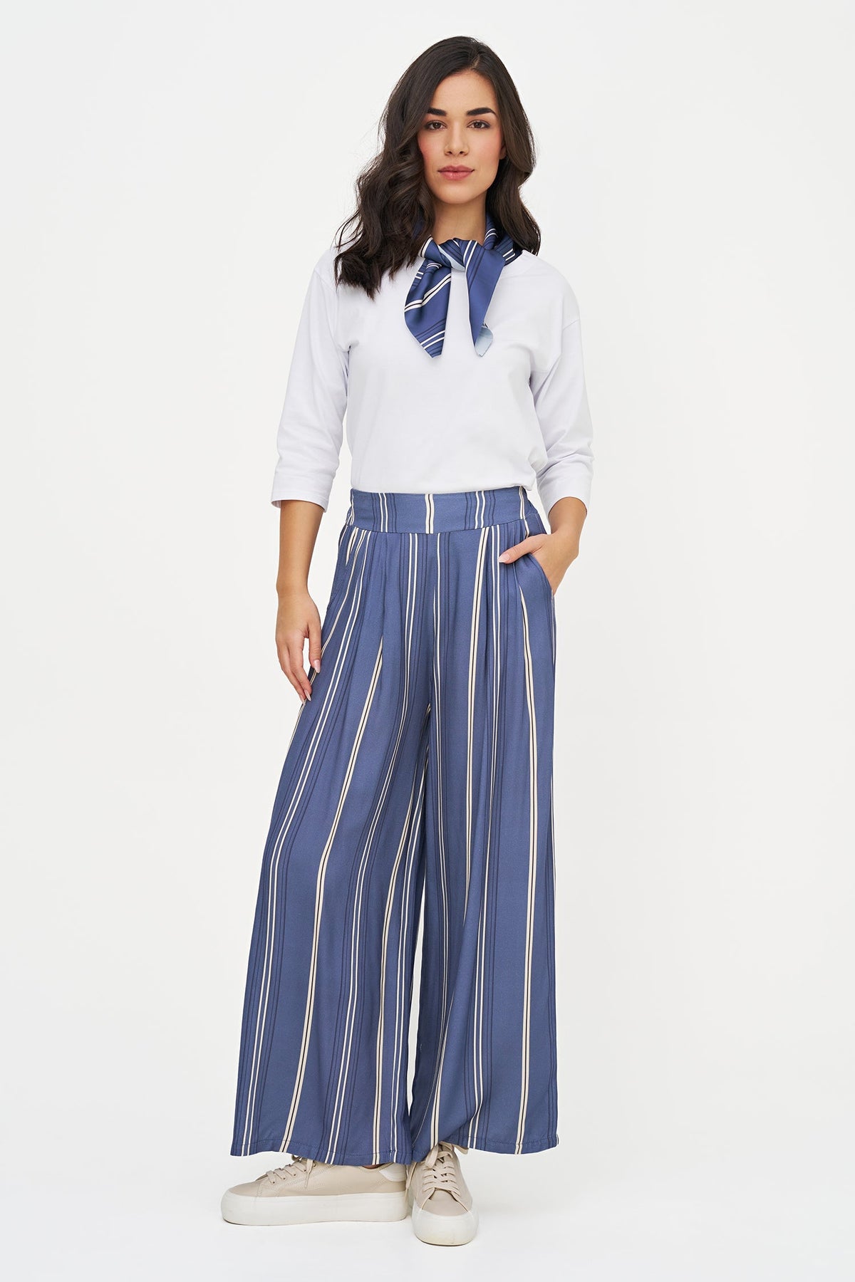 Women's Crew-Neck Top, 3/4 Sleeves & Removable Printed Satin Scarf