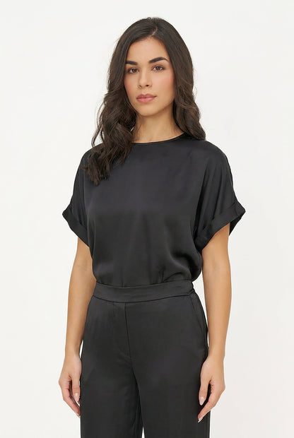 Women's Woven Crew-Neck Top, Short Cuffed Sleeves & Back Button