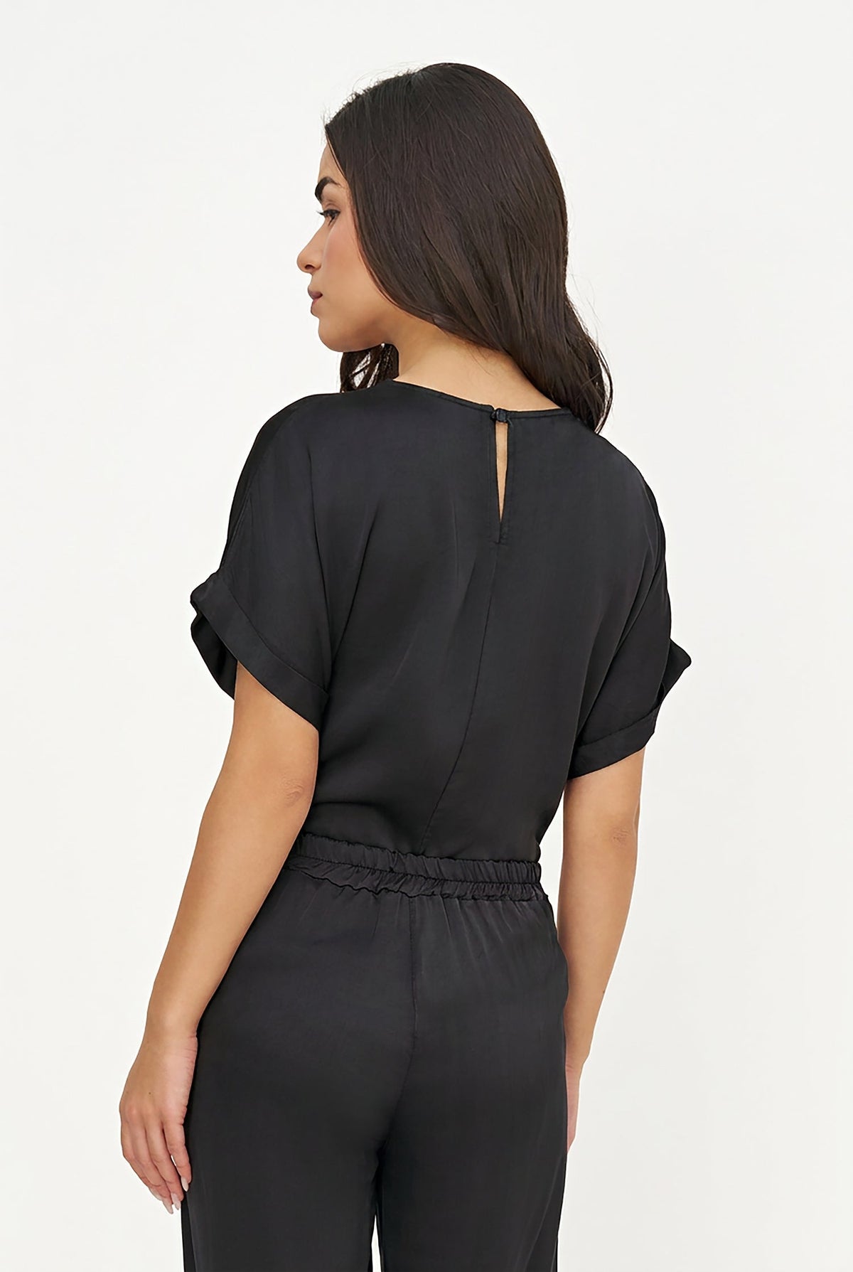 Women's Woven Crew-Neck Top, Short Cuffed Sleeves & Back Button