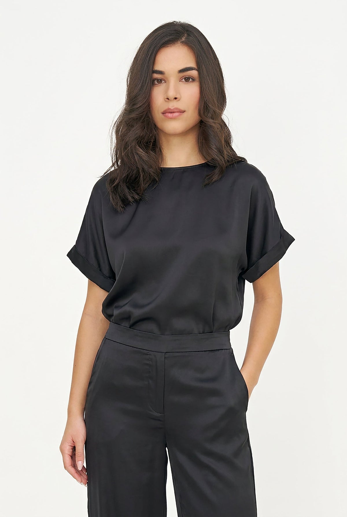 Women's Woven Crew-Neck Top, Short Cuffed Sleeves & Back Button