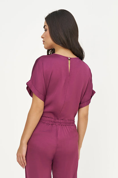 Women's Woven Crew-Neck Top, Short Cuffed Sleeves & Back Button