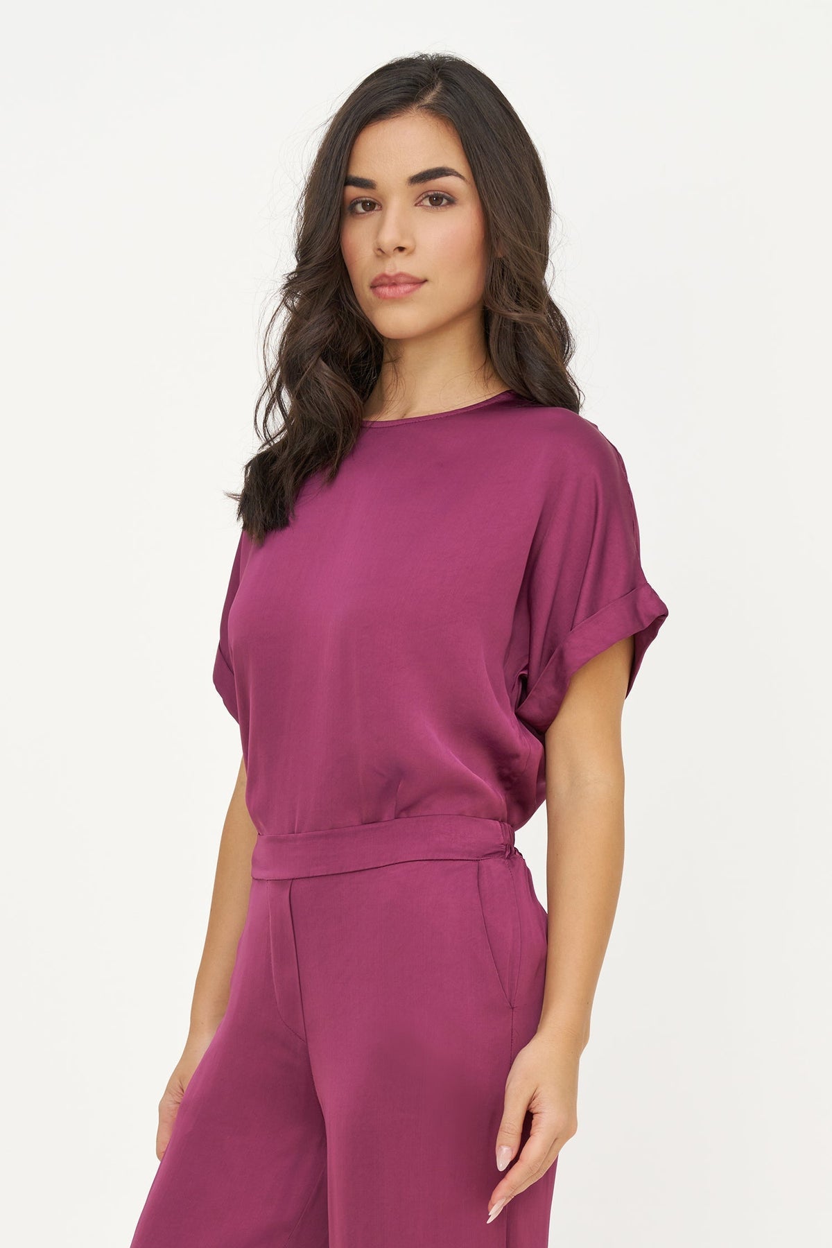Women's Woven Crew-Neck Top, Short Cuffed Sleeves & Back Button