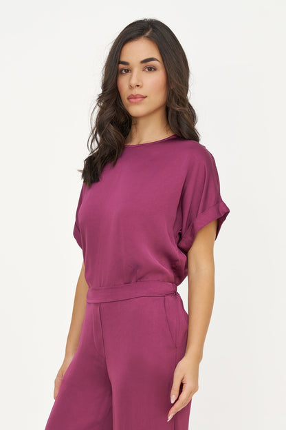 Women's Woven Crew-Neck Top, Short Cuffed Sleeves & Back Button