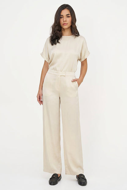 Women's Woven Crew-Neck Top, Short Cuffed Sleeves & Back Button