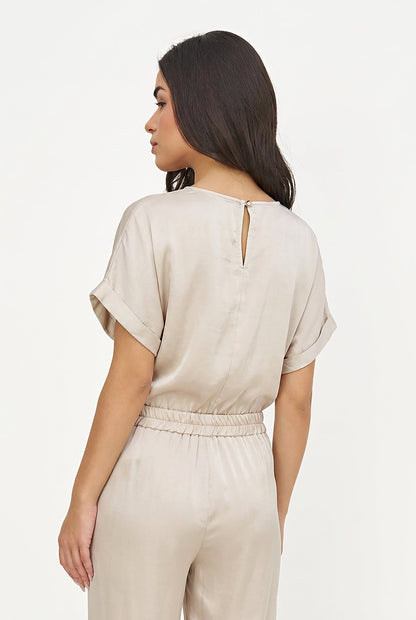 Women's Woven Crew-Neck Top, Short Cuffed Sleeves & Back Button
