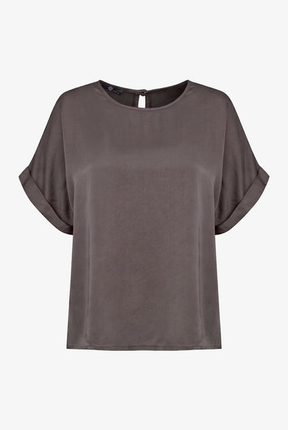 Women's Woven Crew-Neck Top, Short Cuffed Sleeves & Back Button
