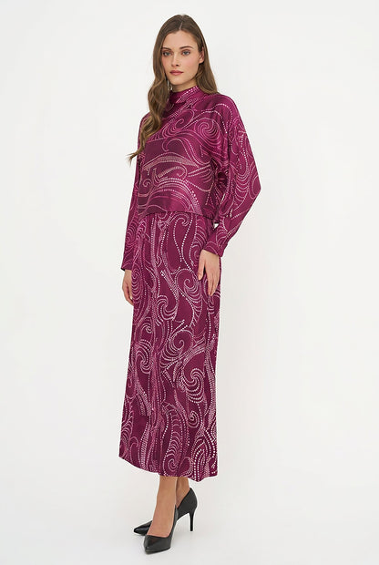 Women's Printed Woven Mock-Neck Caftan Top with Long Sleeves