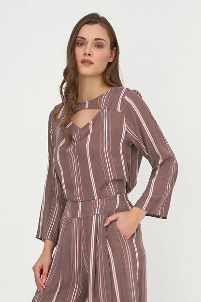 Women's Printed Woven Top with Long Sleeves & Chest Cutout Detail