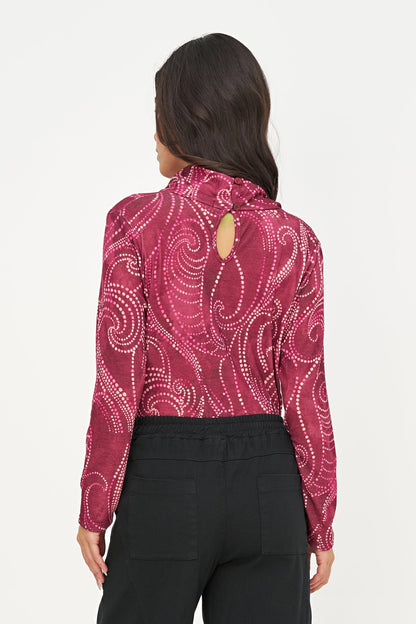Women's Printed Knit Cowl-Neck Top with Long Sleeves